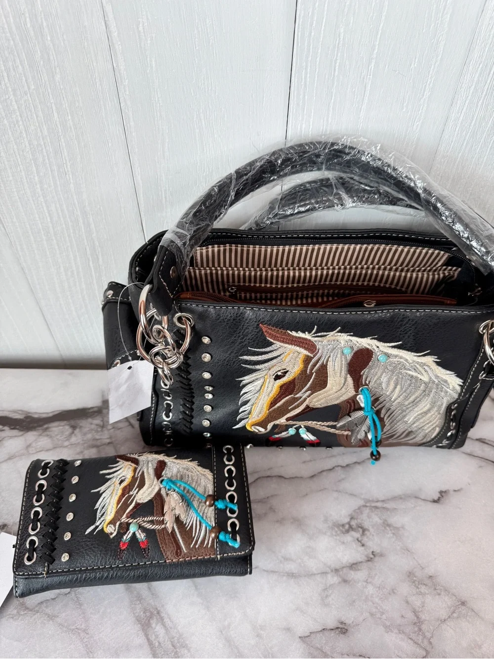 Black Embroidered Horse Satchel and Wallet Set
